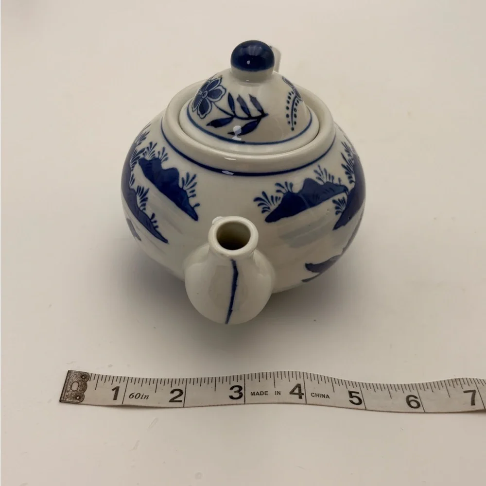Vintage Blue and White Chinoiserie Ceramic Teapot with Ducks on Pond